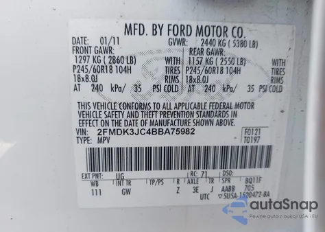 2011 Ford Edge Sel из США, поврежденный, VIN 2FMDK3JC4BBA75982
